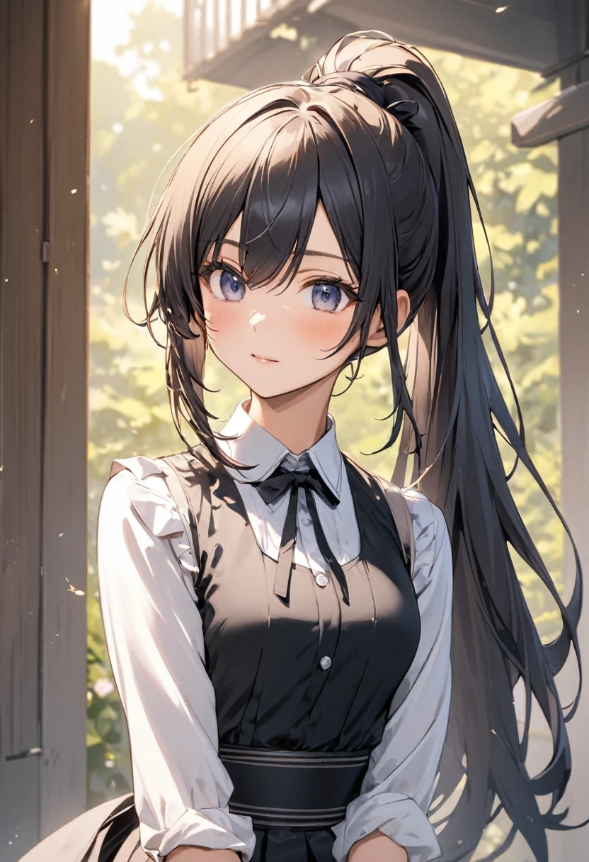 Waist-length hair tied in a high ponytail、