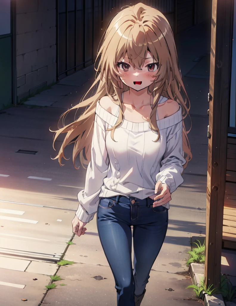 Taiga Aisaka, taiga aisaka, Long Hair, Brown Hair, Brown eyes,happy smile, smile, Open your mouth,One-shoulder sweater,Skinny jeans,short boots,Daytime,Clear skies,Walking,whole bodyがイラストに入るように,
break outdoors, Building district,
break looking at viewer, whole body,
break (masterpiece:1.2), Highest quality, High resolution, unity 8k wallpaper, (shape:0.8), (Beautiful attention to detail:1.6), Highly detailed face, Perfect lighting, Extremely detailed CG, (Perfect hands, Perfect Anatomy),