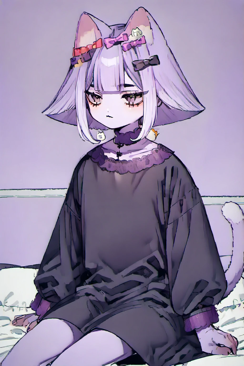 masunya, masyunya (vkontakte), masyunya /(vkontakte/), cat ears, purple skin color, hair bow, (purple hair color:1.1), black dress, cat tail, Sitting on the bed, alone, upper body, CuteStyle