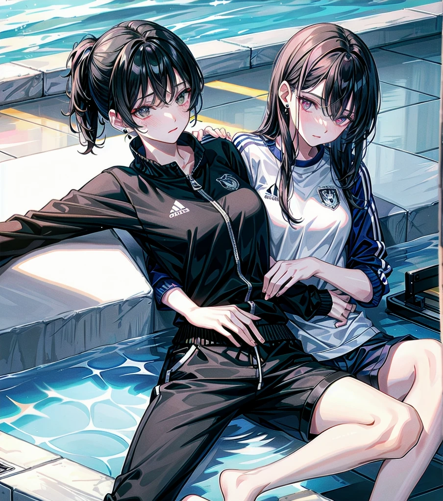 whole body, delicate facial features, medium ????, medium hair, black hair, tearful mole, earring, tracksuit, shorts, pool, yuri, 2 girls,