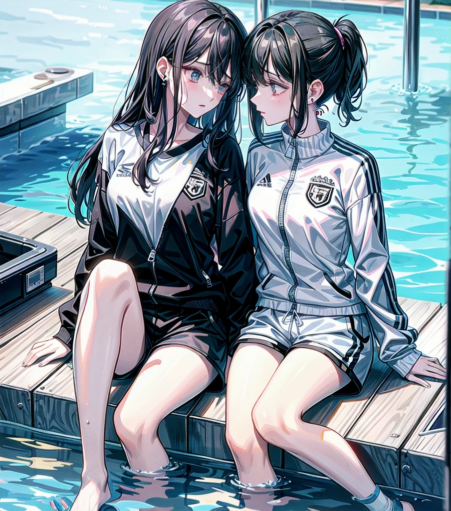 whole body, delicate features, medium tits, um hair, black hair, tearful mole, earring, tracksuit, shorts, pool, yuri, 2 gi