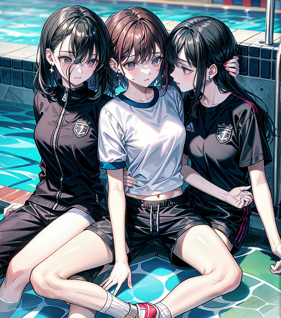 whole body, delicate facial features, medium tits, medium hair, black hair, tearful mole, earring, tracksuit, shorts, pool, yuri, 2 girls,