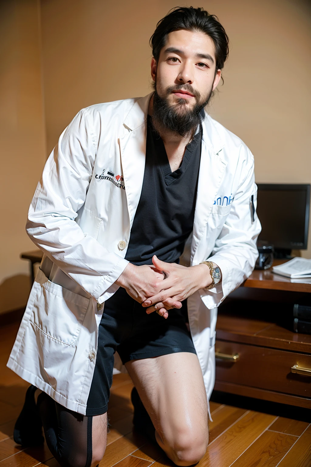 1 boy,Black socks,doctor,beard,kneel