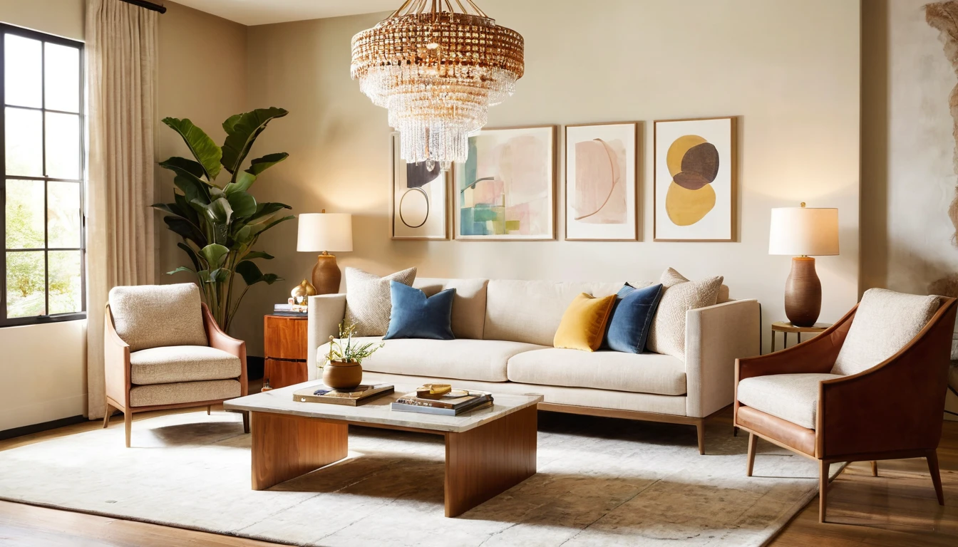 a three-seater sofa,capet,end table,west elm chandelier,armchair,residential interior design project with modrtn organic style,interior decor,crrisp lines,neutral colors,natural textures,backdrop of simplicity,aesthetic,bright environment,realistic,V-RayRenderer,superior quality