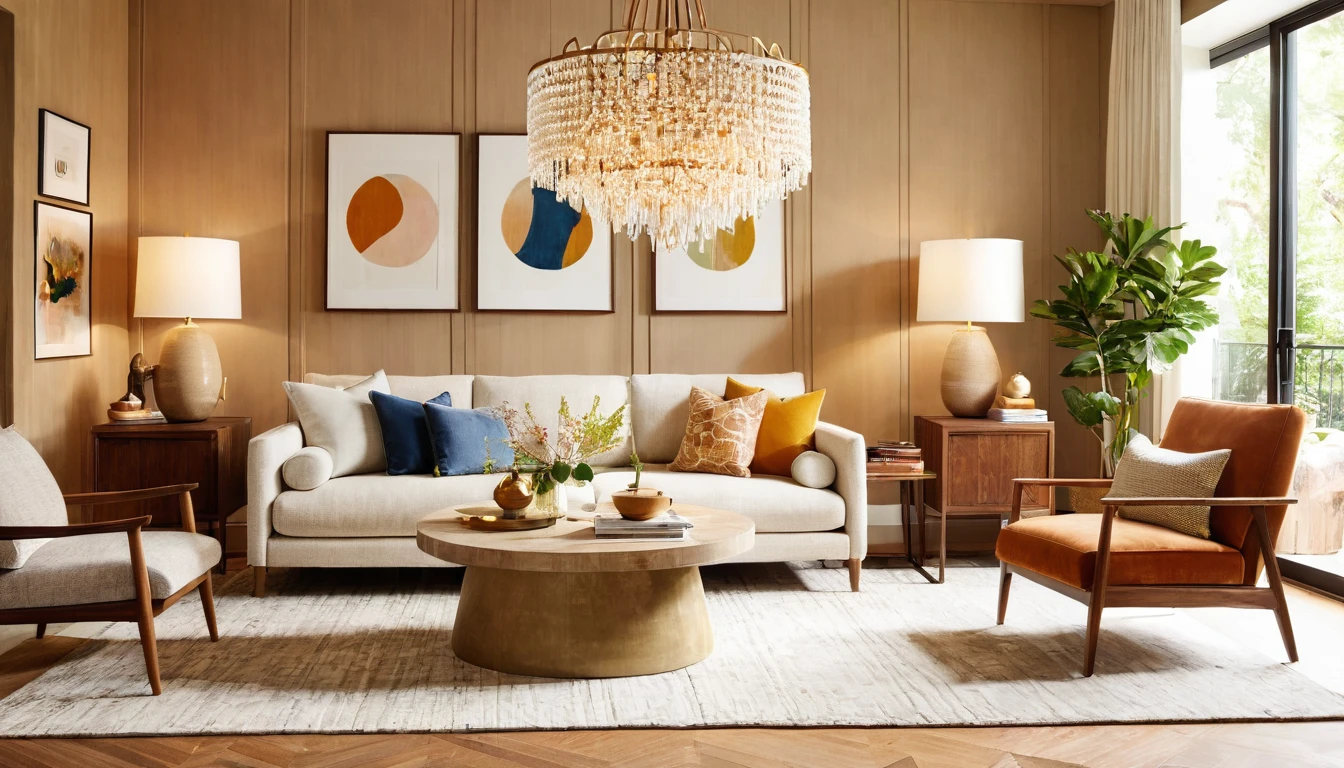 a three-seater sofa,capet,end table,west elm chandelier,armchair,residential interior design project with modrtn organic style,interior decor,crrisp lines,neutral colors,natural textures,backdrop of simplicity,aesthetic,bright environment,realistic,V-RayRenderer,superior quality
