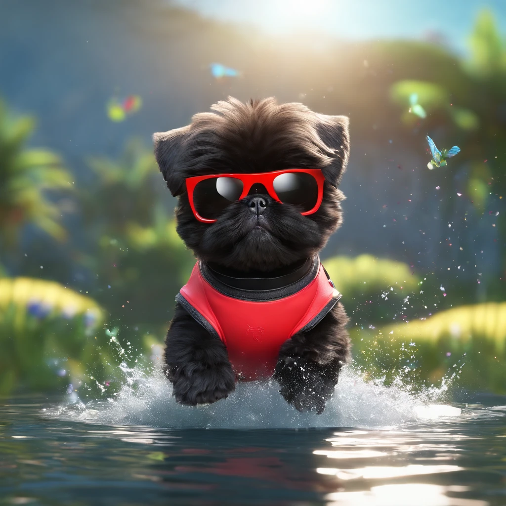 2 adorable small black shih tzus wearing red sunglasses jumping in pond