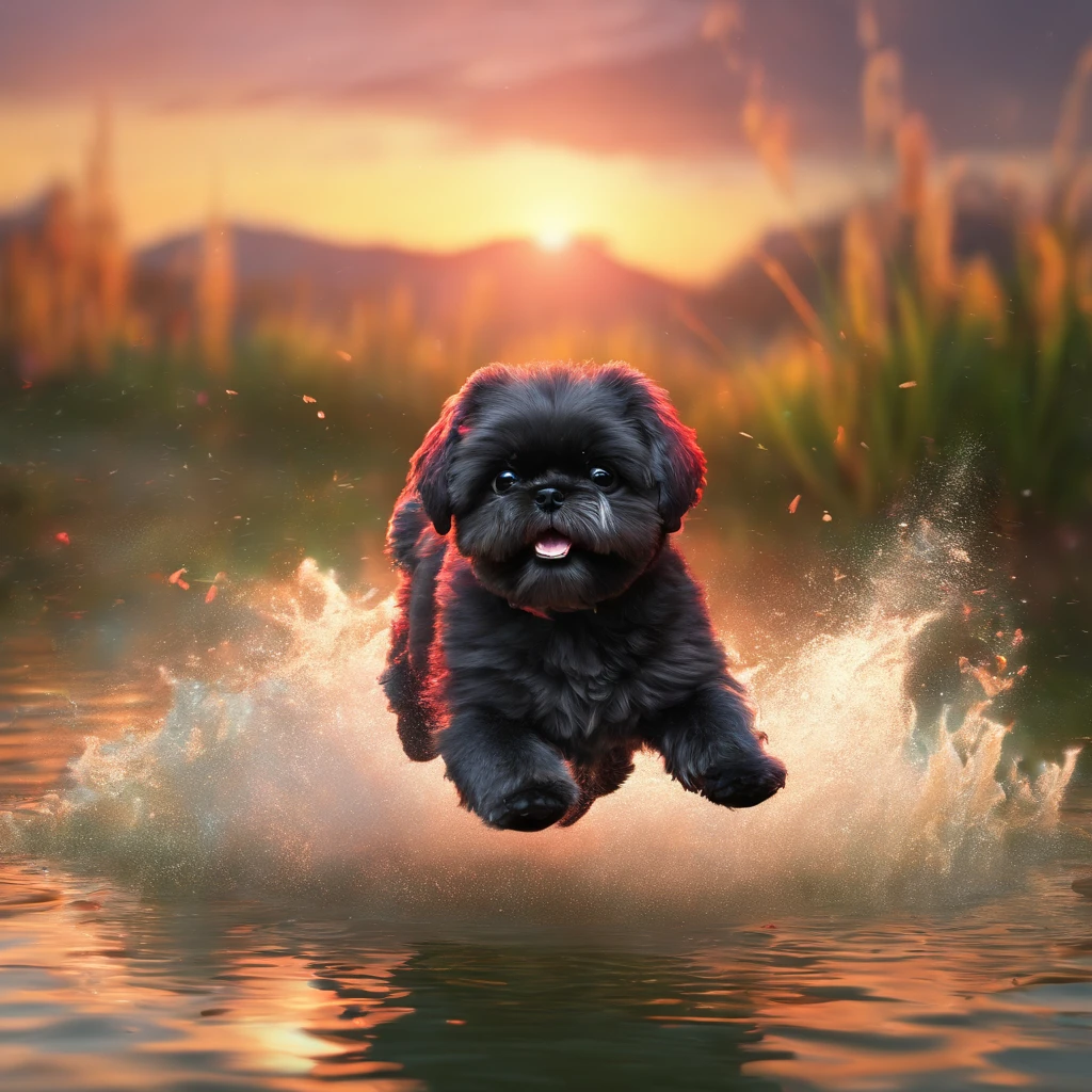 2 adorable small black shih tzus wearing red sunglasses jumping in pond