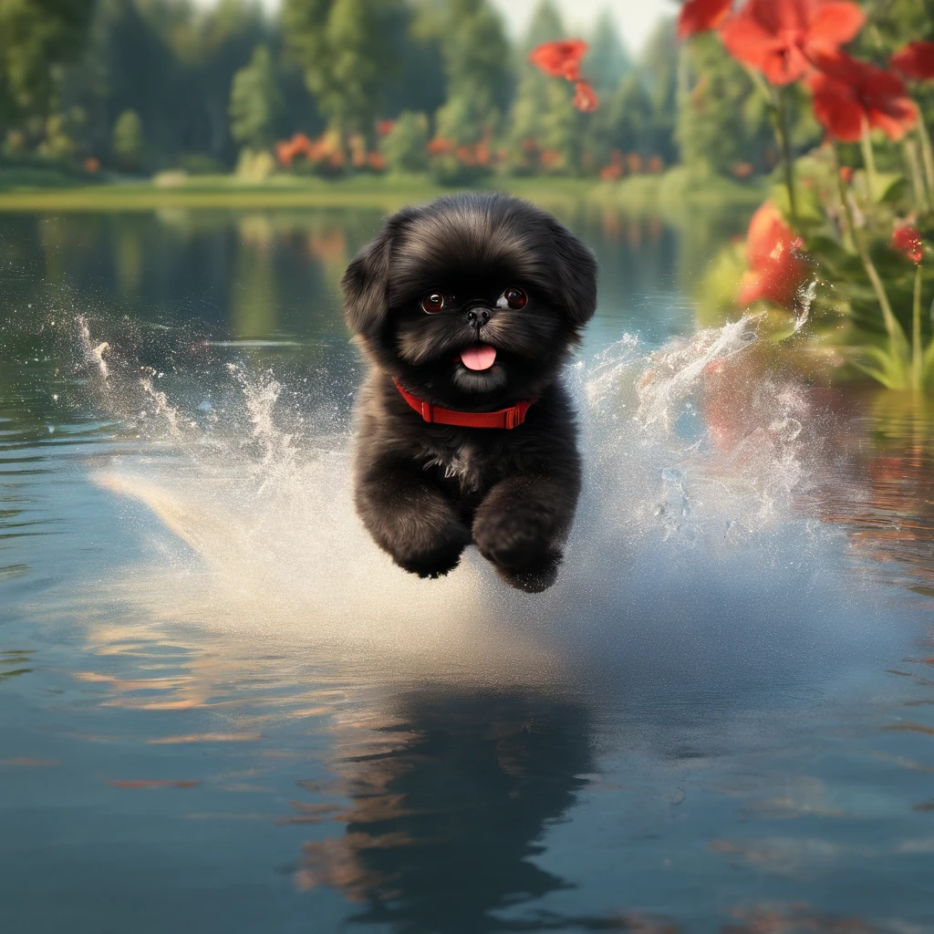 2 adorable small black shih tzus wearing red sunglasses jumping in pond