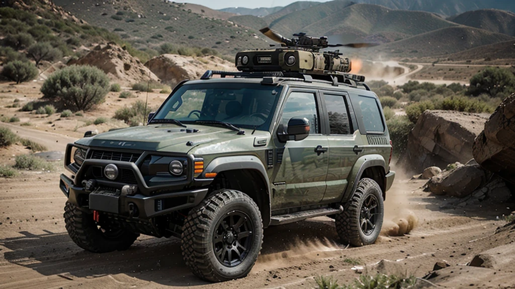 brutal army SUV with a machine gun on the roof, shooting with a combat helicopter, driving off-road, dynamic photo