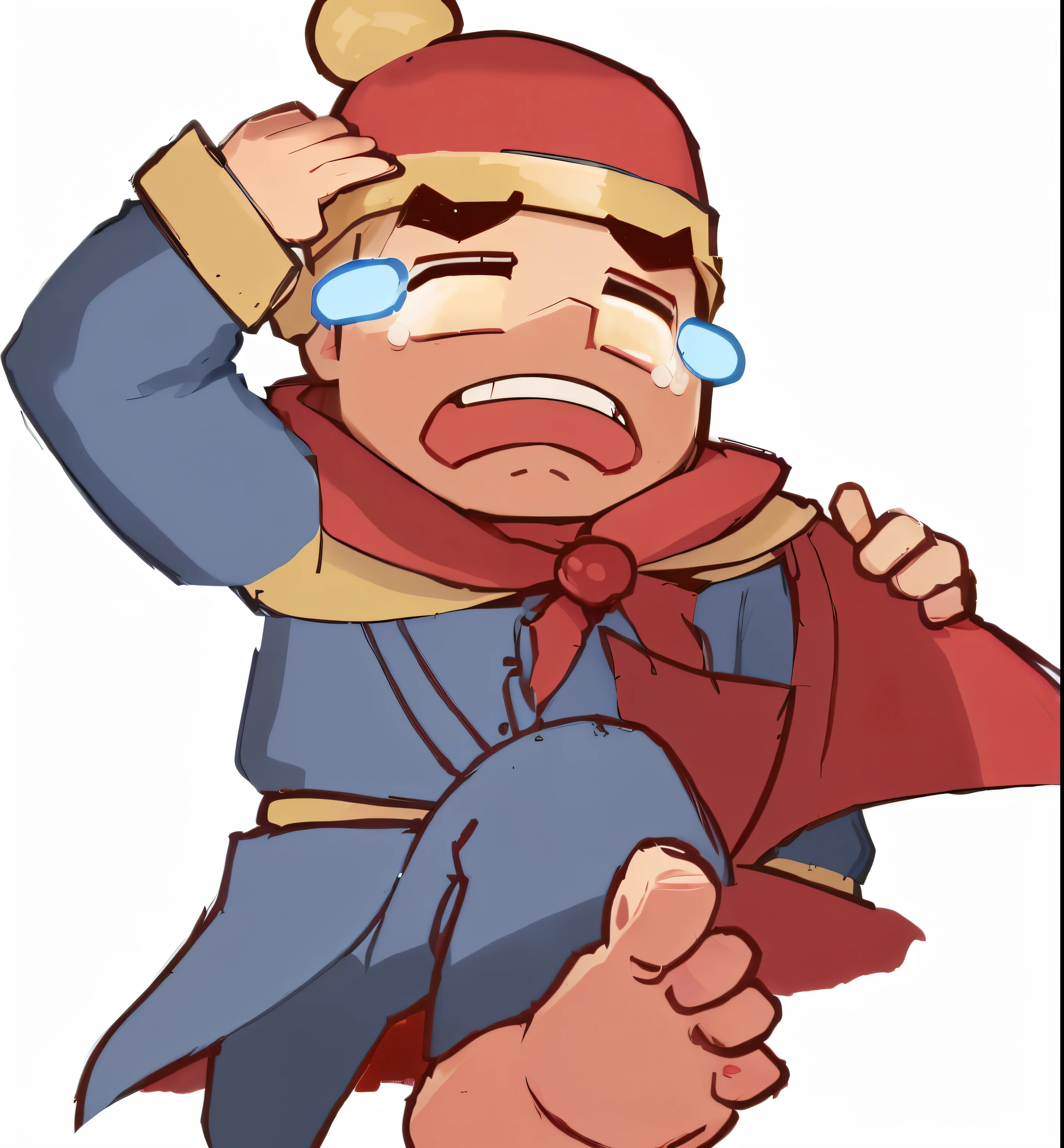 Cartoon image of a man wearing a red hat and a blue coat, Giga Chad Crying, [ Concept Art ]!!, safetomorrow anime image, dantomorrow, very sad, sad!, [ forgetful ], Game Art!!, [ close up ]!!, tomorrow, Cutscenes, he is sad, Sleepy expression, Greg ], Quechua!!, Official Art