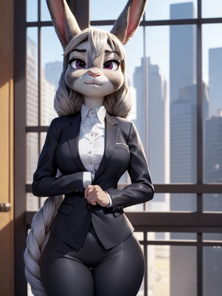 best quality, masterpiece, 3D anime, (((solo))), (((1girl))), ((Face is JudyHopps)), (long ears like a rabbit:0.8), Heir is black ponytail style, Body is human lady, Navy blue business suit, Tailored jacket, White blouse, Skirt, (the suit is made of wool:1.4), suit color is {gray, black, stripe}, ((skin is silver with fluffy and fluffy)), (portrait view), In the background there is a office space, Her expression shows subtle makeup, with a sense of nervousness and determination, ((Standing with a straight posture, Be mindful of correcting your posture))