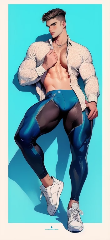 (((male gender))) "An ultra-detailed 8k masterpiece best quality and high saturation. The image features a clothing illustration with a stunning thick european Boy wearing a tight sheer leggings outfit, including tight open shirt, F cup, white sneakers, and a blue background."