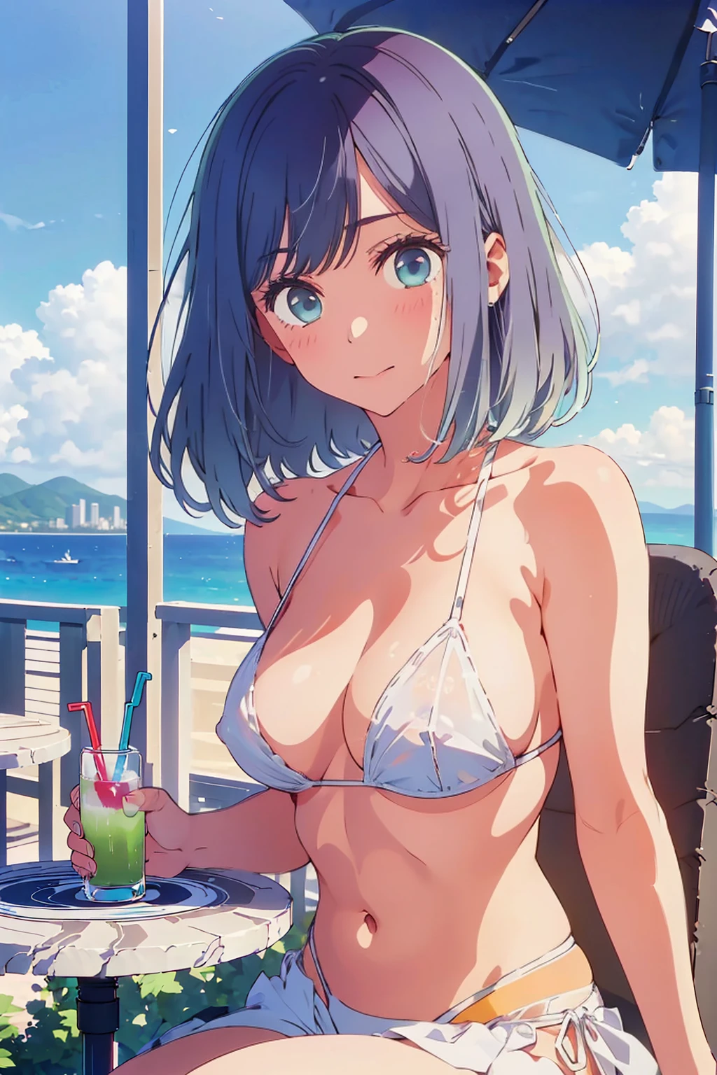 (Highest quality:1.4、8K:1.4、detailed)、F cup bust、Big Breasts、Slim body、Very white beautiful skin、((((1 person、Surprised expression、sit、Chair、In the background are the urban buildings of Tokyo、looking at the camera、Outdoor café terrace、coastal、Navy hair color、juice、Shooting up close、table、Very cute face))))、(Large areola and nipples protruding from the fabric:1.3)、(White Bikini:1.2)、Very blue sky、A completely cloudless sky