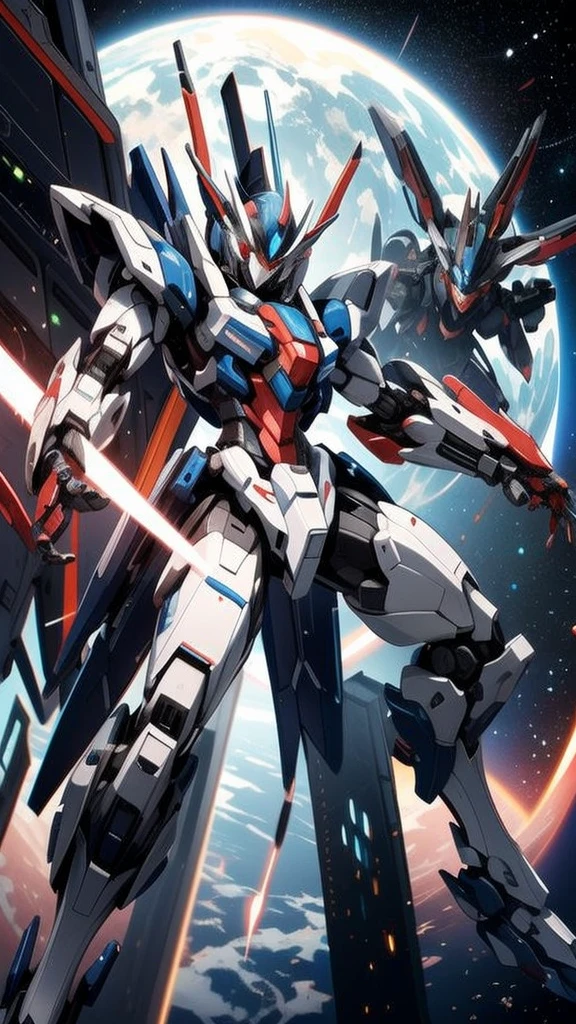 universe space、There is a fierce battle、Confronting and fighting the enemy、Gundam、Mobile Suit、Draw at the same size as the enemy