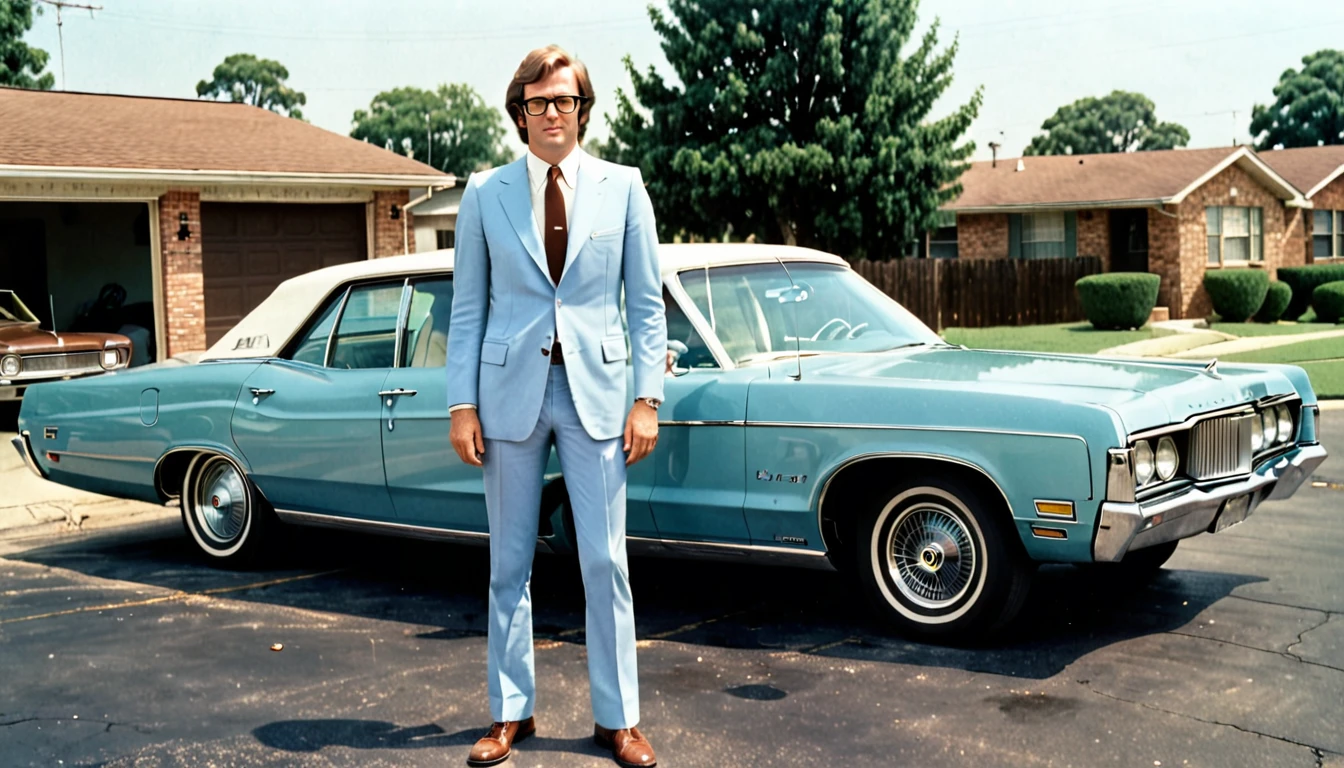 a man in a light blue suit with glasses standing next to a 1970 Mercury Monterey 4 door brown car with white roof, an album cover, by Wayne Reynolds, tumblr, color film photography 1970s, tx, childhood friend, around 20 yo, dale odell, 7 feet tall, lisa, greg hildebrant, not cropped, c1976, color 1970, gary houston, very grainy