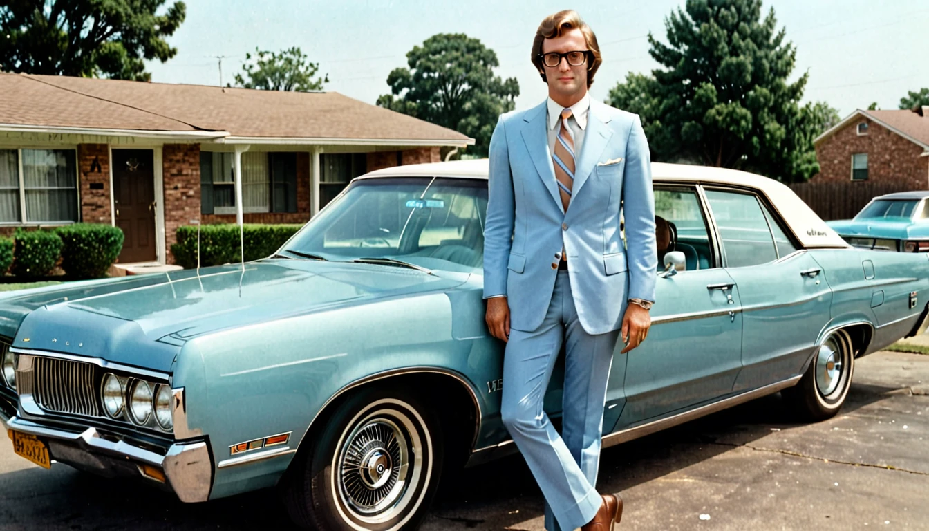 a man in a light blue suit with glasses standing next to a 1970 Mercury Monterey 4 door brown car with white roof, an album cover, by Wayne Reynolds, tumblr, color film photography 1970s, tx, childhood friend, around 20 yo, dale odell, 7 feet tall, lisa, greg hildebrant, not cropped, c1976, color 1970, gary houston, very grainy
