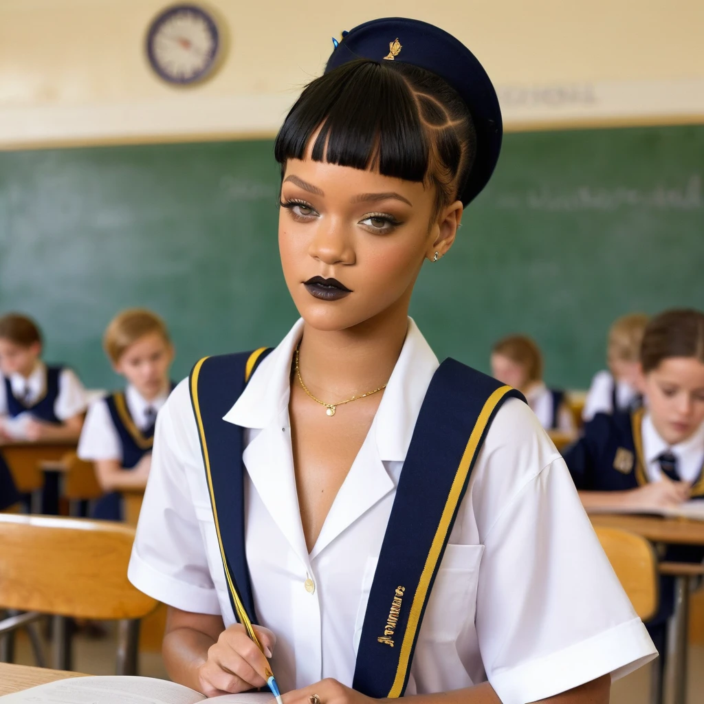 Short hair slim Rihanna naked in school with uniform 