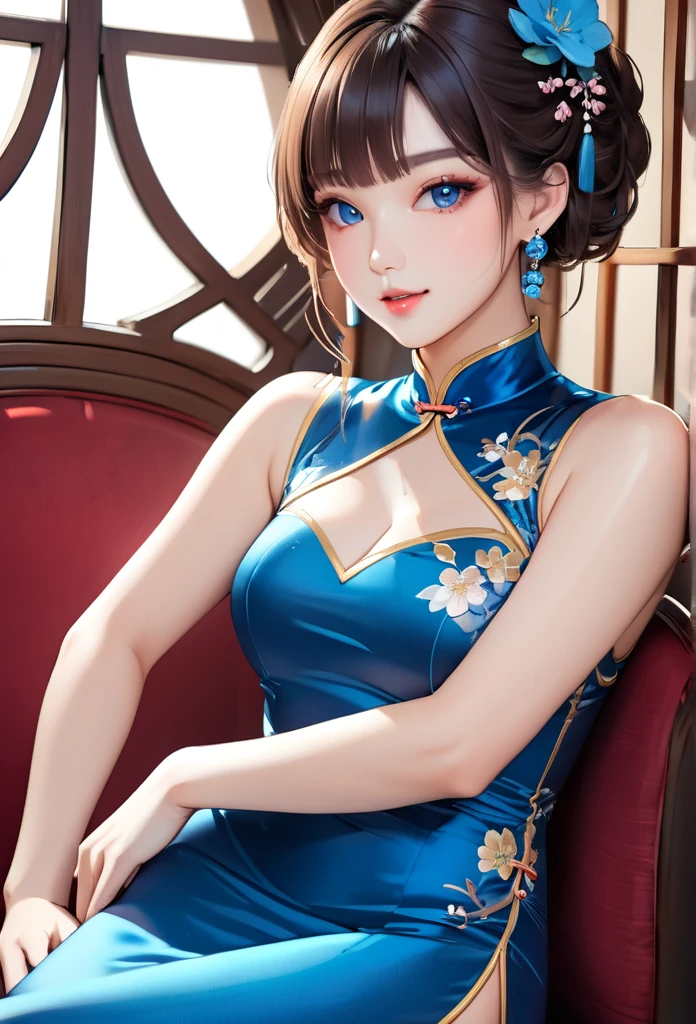 (masterpiece,best quality,high resolution),(((A really beautiful 25 year old girl))), Pretty Woman, very cute face, shiny lips, Both eyes have double eyelids,natural smile, natural makeup, long eyelashes, Shiny and soft hair, perfect limbs, complete anatomy,(((blue silk cheongsam)))