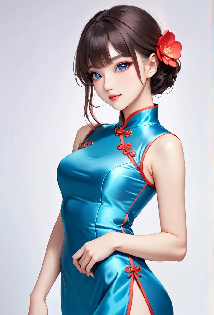 (masterpiece,best quality,high resolution),(((A really beautiful 25 year old girl))), Pretty Woman, very cute face, shiny lips, Both eyes have double eyelids,natural smile, natural makeup, long eyelashes, Shiny and soft hair, perfect limbs, complete anatomy,(((blue silk cheongsam)))