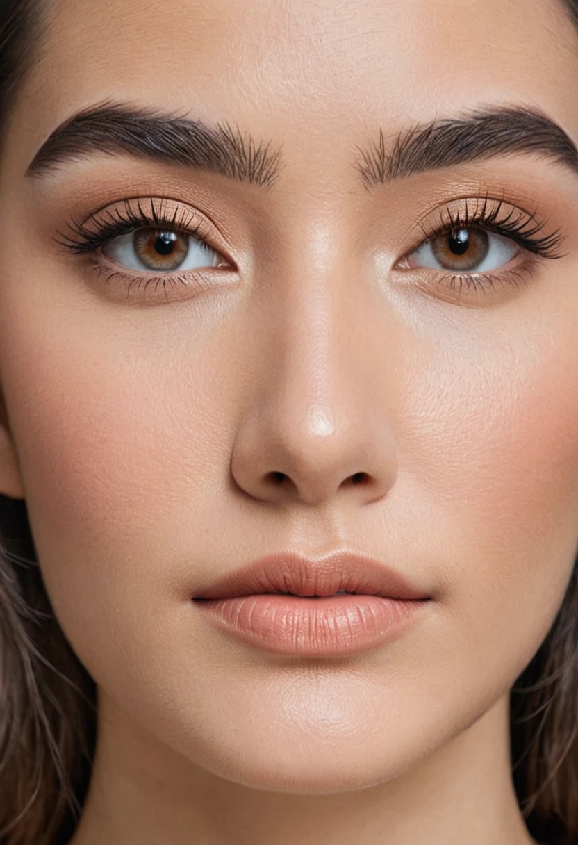 Close-up shot of a woman's face showcasing her realistic skin texture with subtle makeup, focusing on her natural beauty with well-defined eyebrows and soft, neutral eyeshadow