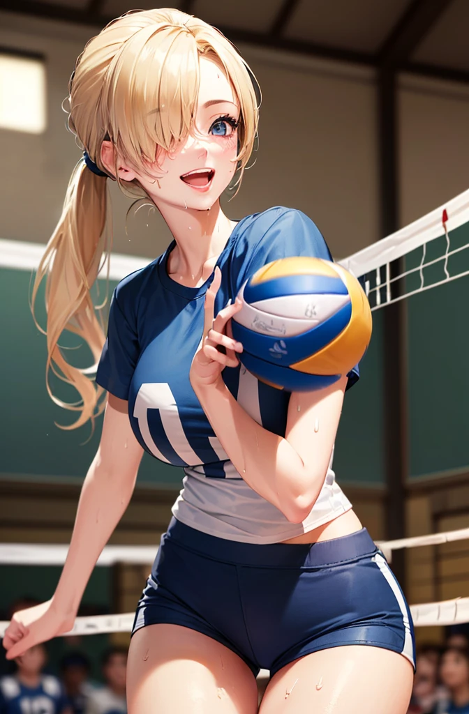 (masterpiece:1.5)、(highest quality:1.5)、(8K:1.2)、(Super detailed:1.2)、(photorealistic:1.2)、(ultra high resolution:1.2)、(Highly detailed and realistic skin:1.2)、(Very detailed and clean sharp eyes:1.2)、(Inside the school gymnasium:1.3)、(very bright lighting:1.2)、(Playing volleyball:1.4)、break、(18 year old woman with slender figure:1.2)、(beautiful eyeliner)、(beautiful eyeshadow)、natural color lip、break、(Volleyball navy short sleeve tight shirt:1.5)、(volleyball cobalt blue tight shorts:1.4)、break、break、(Blonde side long ponytail that covers one eye:1.3)、break、medium beautiful breasts、(Sweat:1.3)、(blushing face:1.2)、(The best smile with an open mouth:1.2)、large crowd of male students:1.3)