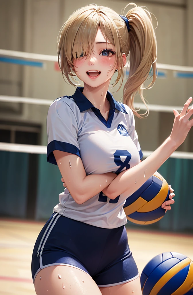 (masterpiece:1.5)、(highest quality:1.5)、(8K:1.2)、(Super detailed:1.2)、(photorealistic:1.2)、(ultra high resolution:1.2)、(Highly detailed and realistic skin:1.2)、(Very detailed and clean sharp eyes:1.2)、(Inside the school gymnasium:1.3)、(very bright lighting:1.2)、(Playing volleyball:1.4)、break、(18 year old woman with slender figure:1.2)、(beautiful eyeliner)、(beautiful eyeshadow)、natural color lip、break、(Volleyball navy short sleeve tight shirt:1.5)、(volleyball cobalt blue tight shorts:1.4)、break、break、(Blonde side long ponytail that covers one eye:1.3)、break、medium beautiful breasts、(Sweat:1.3)、(blushing face:1.2)、(The best smile with an open mouth:1.2)、large crowd of male students:1.3)