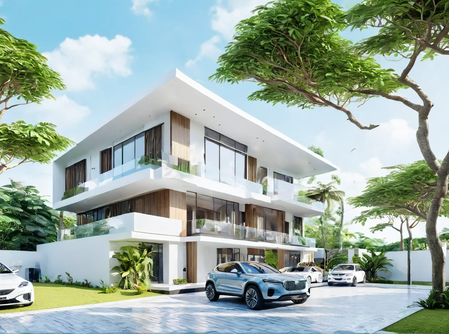 (((modern villa))), modern material, daytime, bright sky, tropical tree around the villa, people and car, 3d render, best qualityy