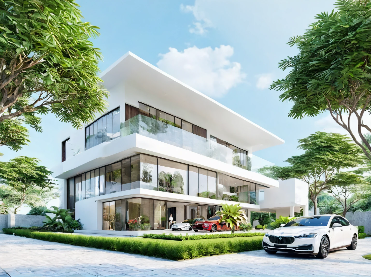 (((modern villa))), modern material, daytime, bright sky, tropical tree around the villa, people and car, 3d render, best qualityy