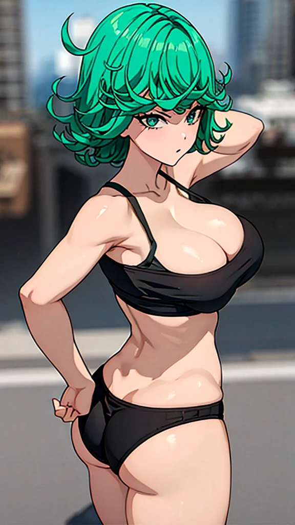 1Girl, green hair , huge breast, huge ass, black sports bra, black fitted dolphin shorts and tight ass