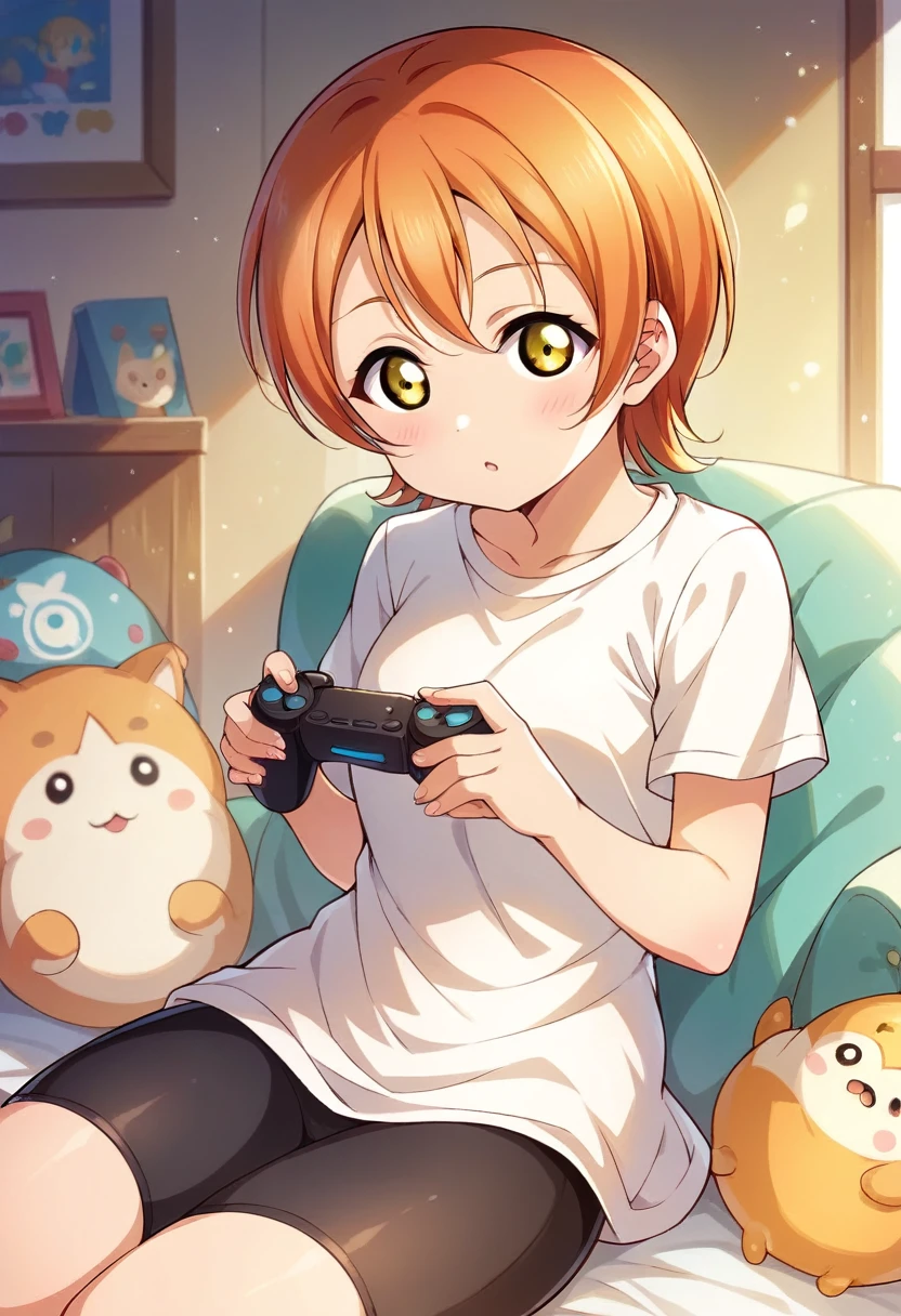 Masterpiece, best quality,Hoshizora rin,solo ,yellow eyes, short hair,orange hair, White Top,Bike shorts, sitting, chibi, arms behind,love live style , indoors , holding reversed playstation controller