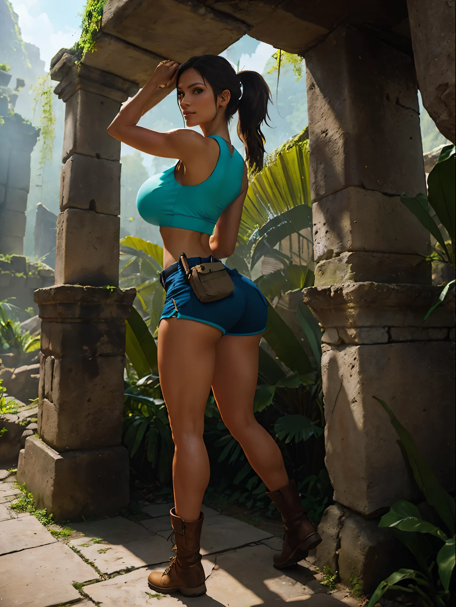 (masterpiece, top quality, best quality, official art, beautiful and aesthetic:1.2), (1girl:1.3), brown hair, ponytail, extremely detailed, portrait, looking at viewer, solo, (full body:0.6), detailed background, close up, mischievous eyes, (cool Incan ruins theme:1.1), pleasant smile, brunette, aquiline nose, green eyes, ponytail, ((gigantic breasts)), (thin), athletic, Lara Croft. Wearing a sleek light blue sleeveless top, brown shorts, boots, shoulder harness, backpack, holsters, utility belt, slim waist, slim hips, long legs, ancient (jungle ruins exterior:1.1) detailed background, bright optimistic lighting, shadows, magical atmosphere, dutch angle,