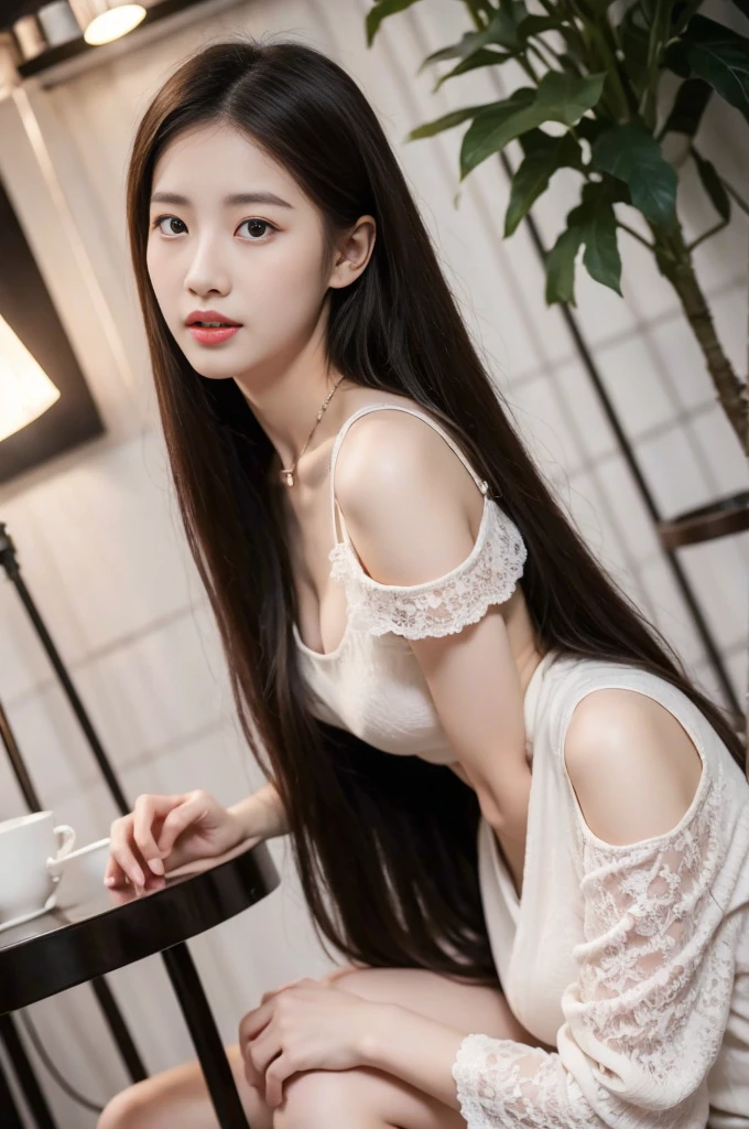 Front Angle, (8K, best quality, masterpiece:1.2), (Practical, photo-Practical:1.37), Extremely detailed, 1 girl, Looking at the audience, Beautiful and detailed sky, Detailed café street, sit, full_Body, Small head, Exquisite necklace, beautiful legs:1.2, Long legs:1.2, Slender legs, High heel:1.3, White socks:1.4, Medium breasts, High waist, Willow Waist, Off-shoulder, belt, Short bottoms, Beautiful and delicate eyes, daytime, Warm colors, White lace, (Long hair:1.4), 银色中Long hair, White skin, light, Street Lights, (Tea table:1), (handbag:1), ulzzang-6500-v1.1:0.66