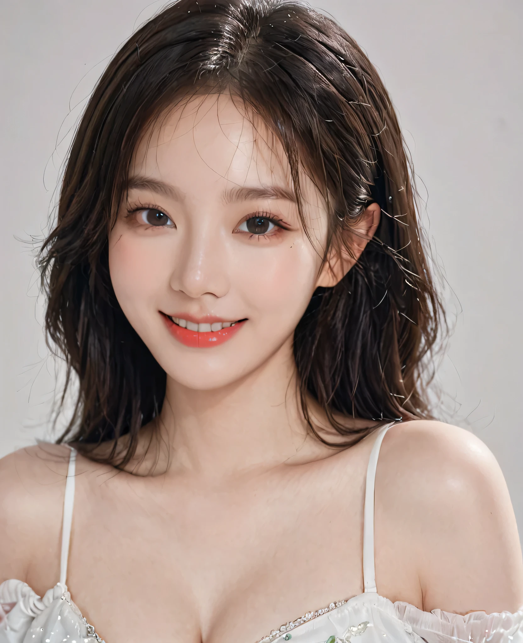 (Canon RF85mm f/1.2,best quality,Reality:1.4,light),(1 girl,Korean mixed,Korean Idol:1.2,beautiful long_Slim_leg),(long_Brown_Wavy_hair),(pink_shining_Lips,pink_Eyeshadow,eyelash,powder_blush,cosmetic),(White_shining_skin,black eyes,Pores,skin texture,shining),(necklace,earrings),Large Breasts,Smile,Dynamic poses