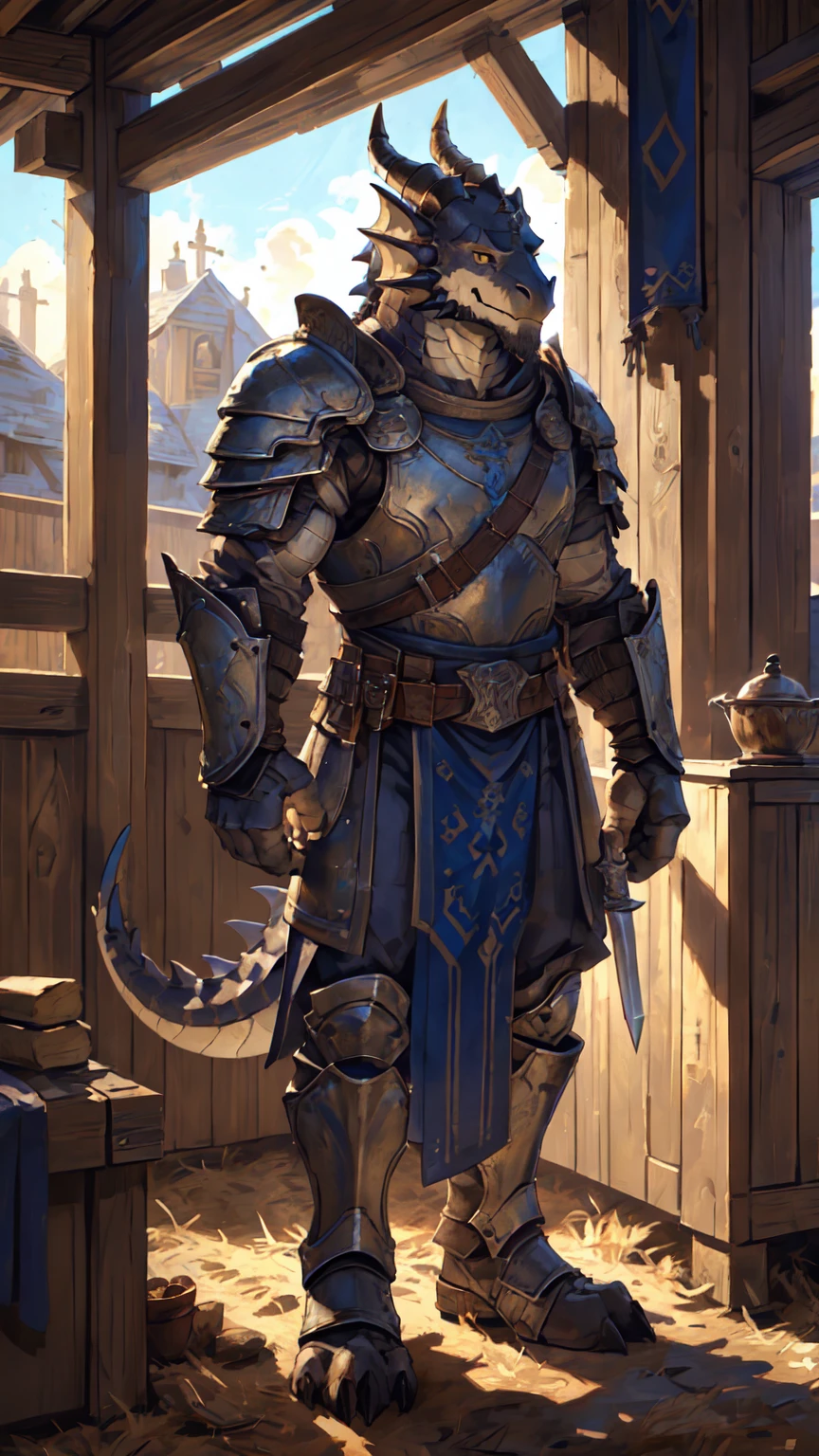 Medieval background:1.6,((Crusu:1.6)),Sunlight,high resolution,4K,gay,(((whole body:1.1))),(Various postures:1.3),masterpiece,high quality,Calm and calm,((dragon)),male,(((Training in the training ground:1.3))),dragonFurry,(teenager:1.3),hairy,((Stable,Handsome face:1.4)),((peaceful)),((Holding a long sword:1.3)),(((strong:1.4,Long legs:1.3,粗壮dragon尾:1.2))),(((Gray head:1.2,Golden pupils:1.1,White neck:1.3,Gray back of hand:1.4,White muscles:1.3))),(((White Armor:1.3,Armor has a blue banner:1.4))),Mature face,Exquisite eyes,Detailed body,Detailed hands,Detailed feet,Kenket's style
