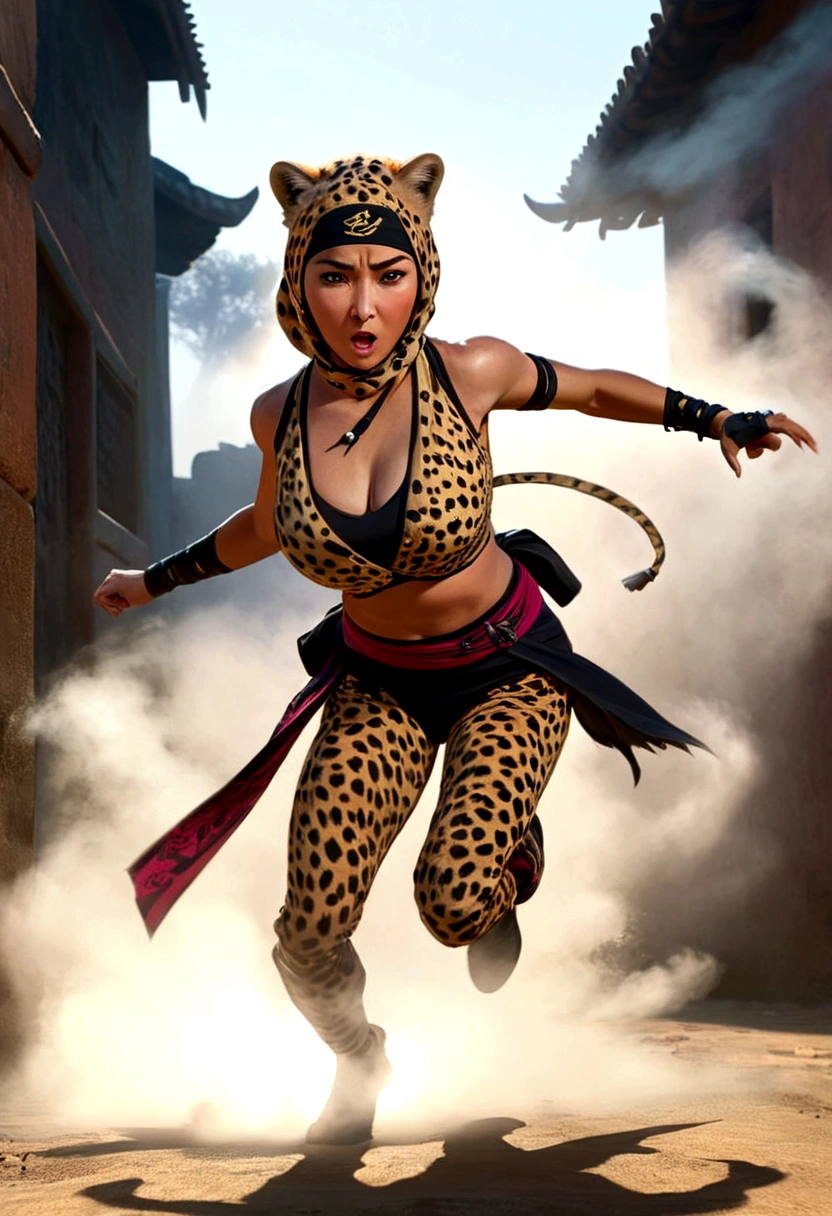 a lovely woman, cheetah print ninja outfit, cheetah ears headband, razor fist blades, ninja training, running extremely fast, zooming towards scared goblin warrior, hyperrealistic, 8k, detailed, cinematic lighting, vibrant colors, dynamic action pose, dramatic shadows, volumetric fog