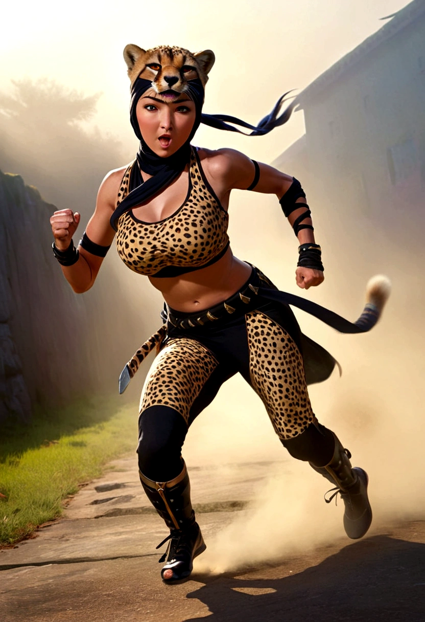 a lovely woman, cheetah print ninja outfit, cheetah ears headband, razor fist blades, ninja training, running extremely fast, zooming towards scared goblin warrior, hyperrealistic, 8k, detailed, cinematic lighting, vibrant colors, dynamic action pose, dramatic shadows, volumetric fog