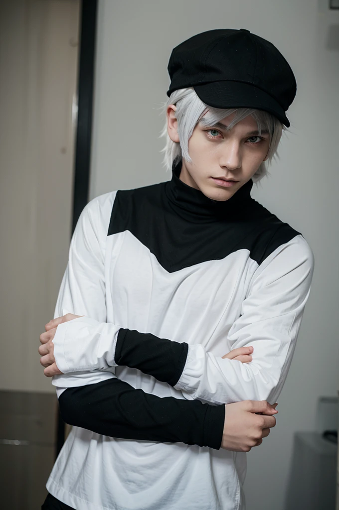 White anime boy wearing black emo clothes wearing a black hat white haired cat with red eyes and has arm warmers