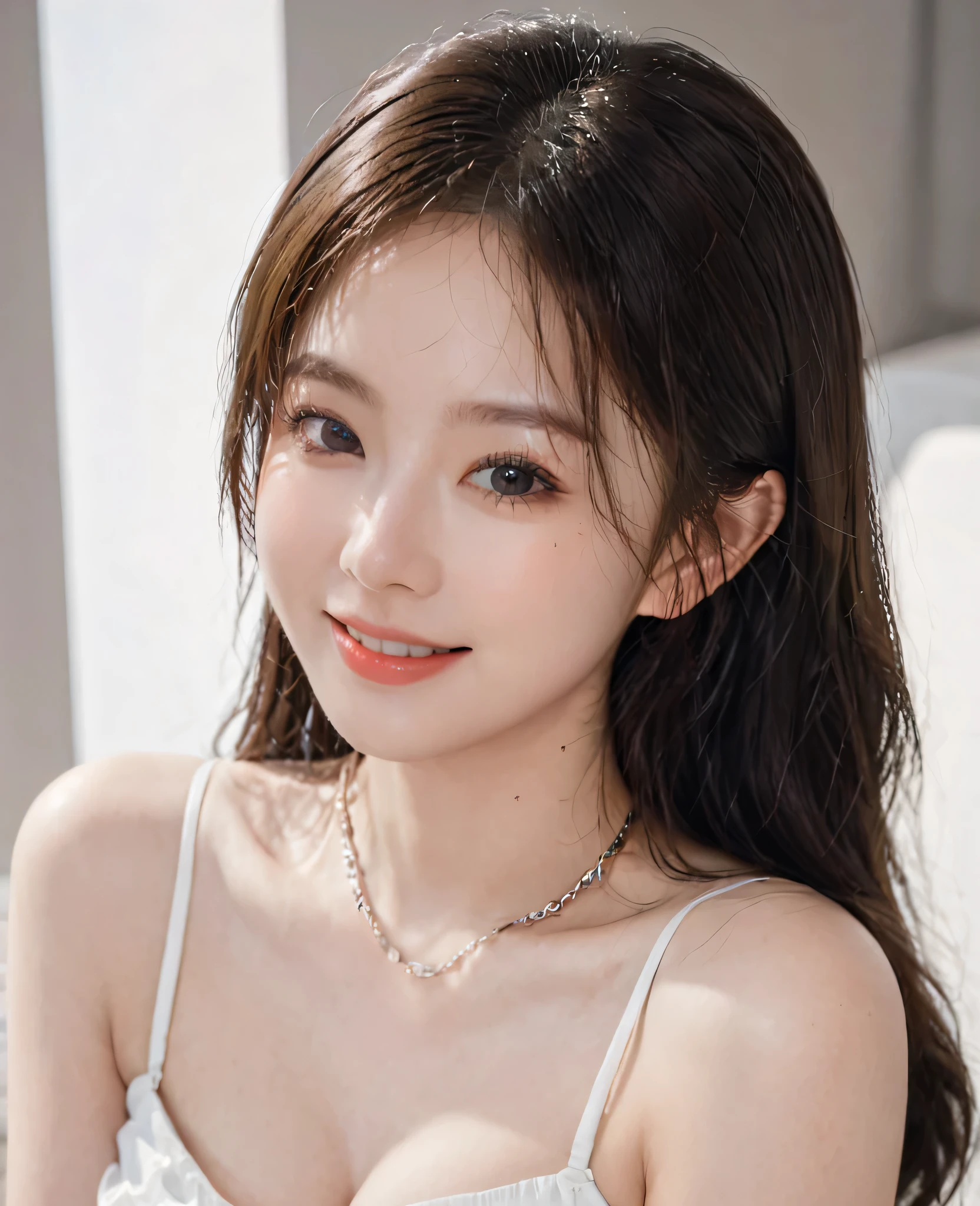 (Canon RF85mm f/1.2,best quality,Reality:1.4,light),(1 girl,Korean mixed,Korean Idol:1.2,beautiful long_Slim_leg),(long_Brown_Wavy_hair),(pink_shining_Lips,pink_Eyeshadow,eyelash,powder_blush,cosmetic),(White_shining_skin,black eyes,Pores,skin texture,shining),(necklace,earrings),Large Breasts,Smile,Dynamic poses