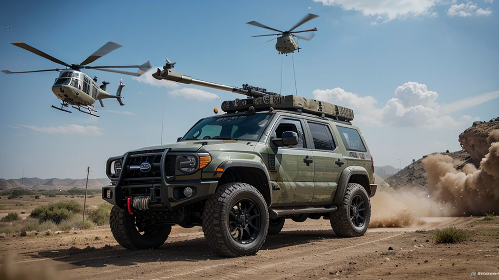 an army SUV with a machine gun on the roof, it shoots at a helicopter in the sky, dynamic photo