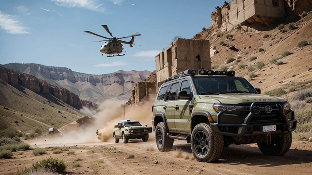 an army SUV with a machine gun on the roof, it shoots at a helicopter in the sky, dynamic photo