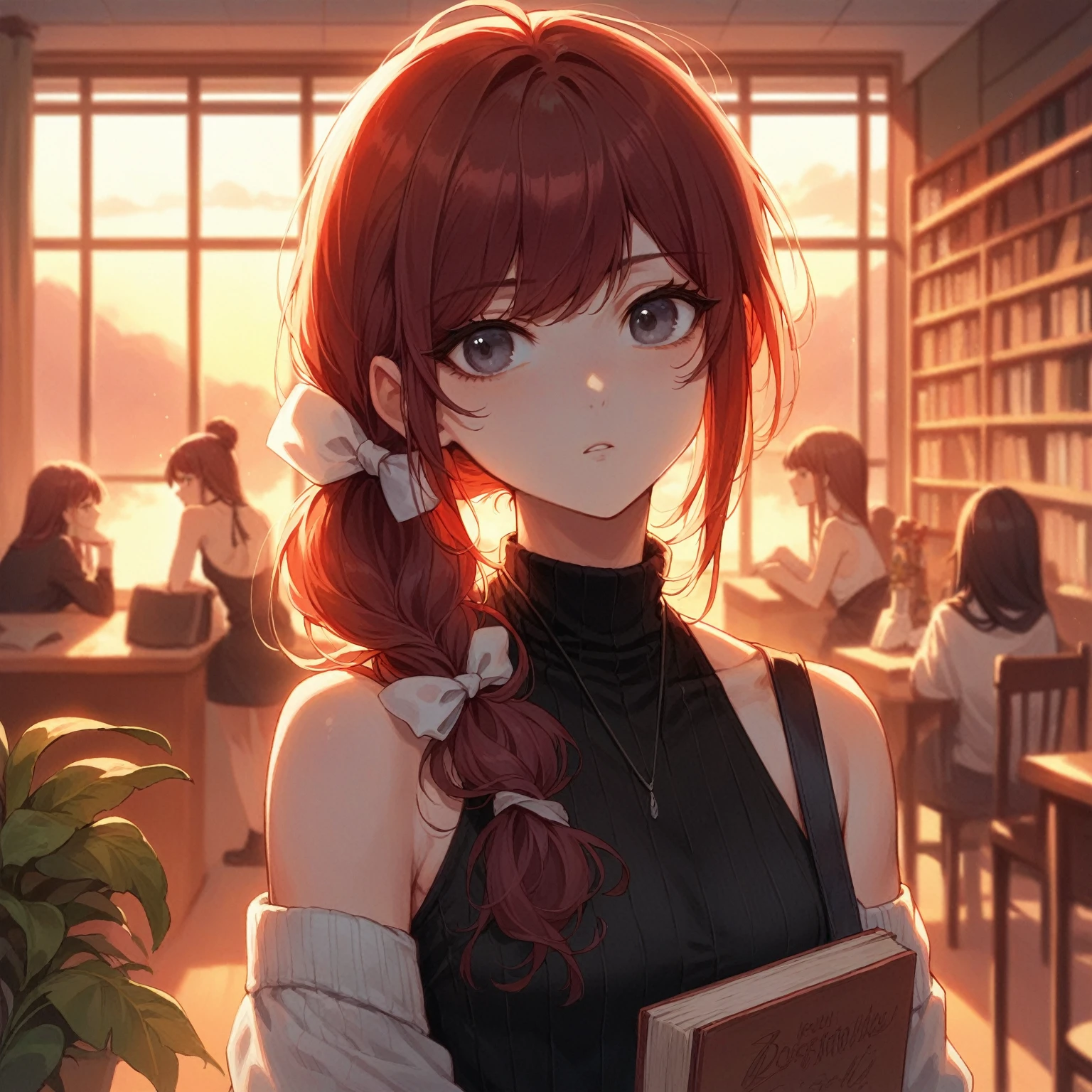 (masterpiece, best quality), 1girl, stoic, looking to the side, beautiful face, Gray eyes, Dark red hair, swept bangs, low twin tails, white ribbons, sleeveless halter neck black sweater, small breasts, toned arms, dusk,