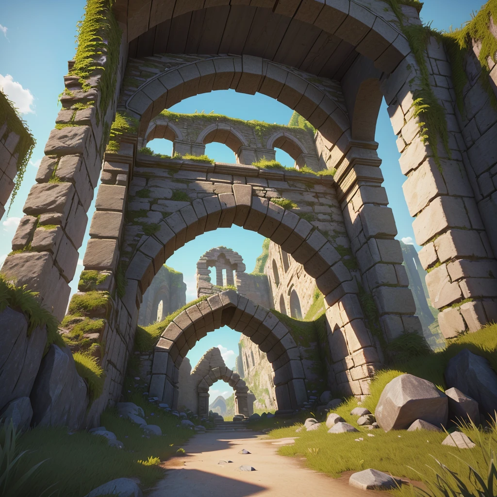 A close-up of a stone arch with grass and rocks, game asset, stone gate to a dark cave, high-quality low-poly art, low-poly 3D model, RPG game environment asset, separated game asset, magical portal gateway, low-poly elements, ruins.


