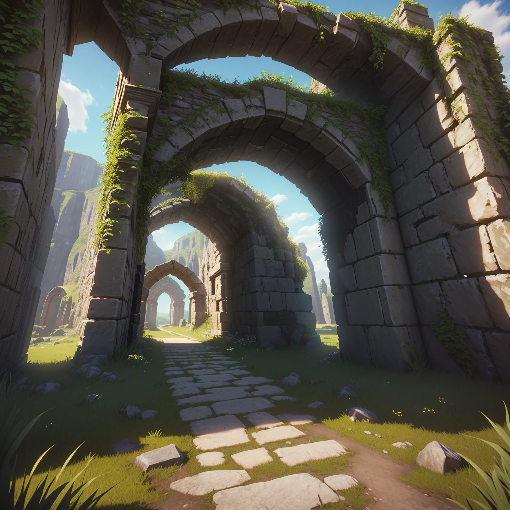 A close-up of a stone arch with grass and rocks, game asset, stone gate to a dark cave, high-quality low-poly art, low-poly 3D model, RPG game environment asset, separated game asset, magical portal gateway, low-poly elements, ruins.