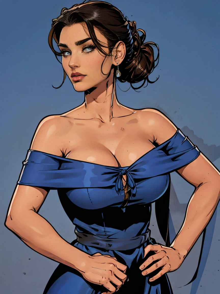 Gorgeous and sultry  athletic (thin) brunette with sharp facial features wearing a dark blue off-shoulder sleeveless dress, updo