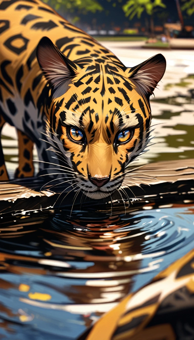 realistic cheetah at the edge of a stream drinking water, water reflections, savanna, extremely detailed, photographed from a distance with 300mm lens, shallow depth of field, award winning masterpiece, raw photo
