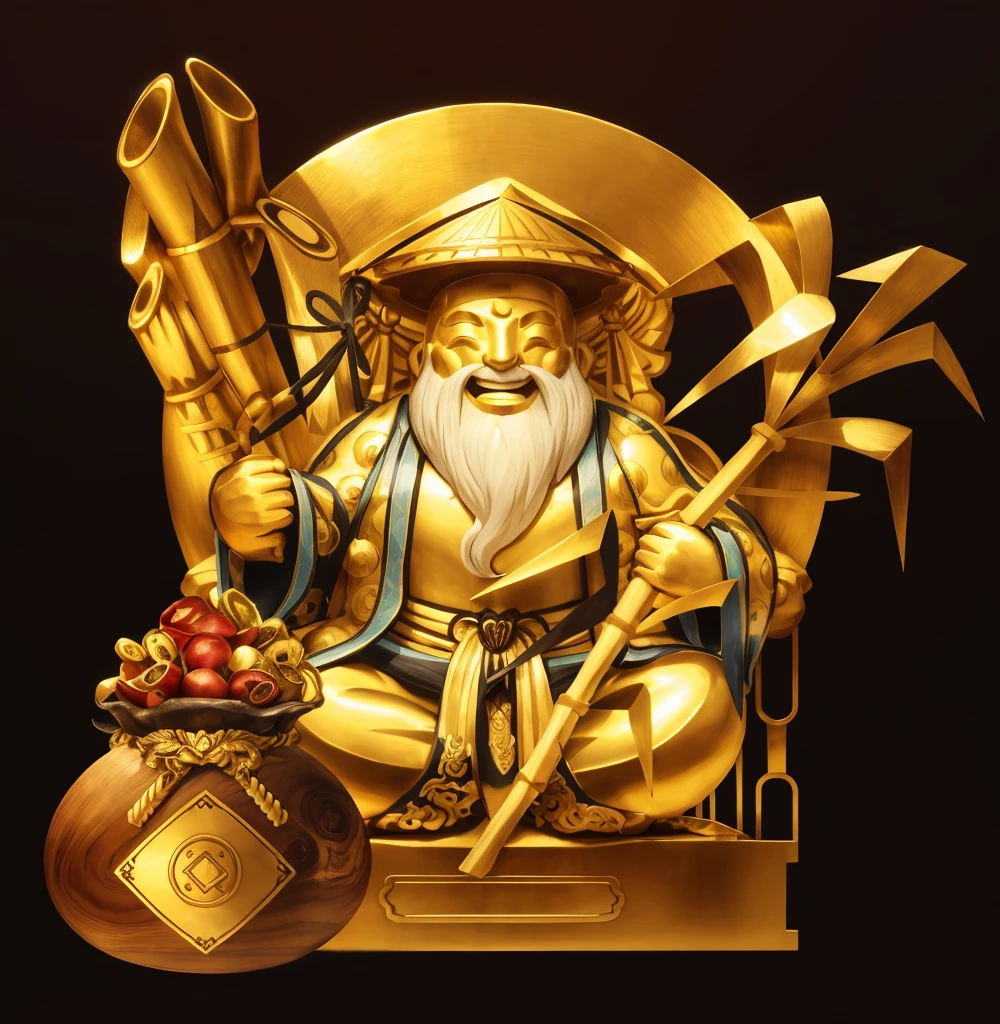 sugarcane god statue, Marble material, vivid details , true , The color scheme remains the same according to the golden head data, wooden seat , Lucky cards hang on the sugar cane tree