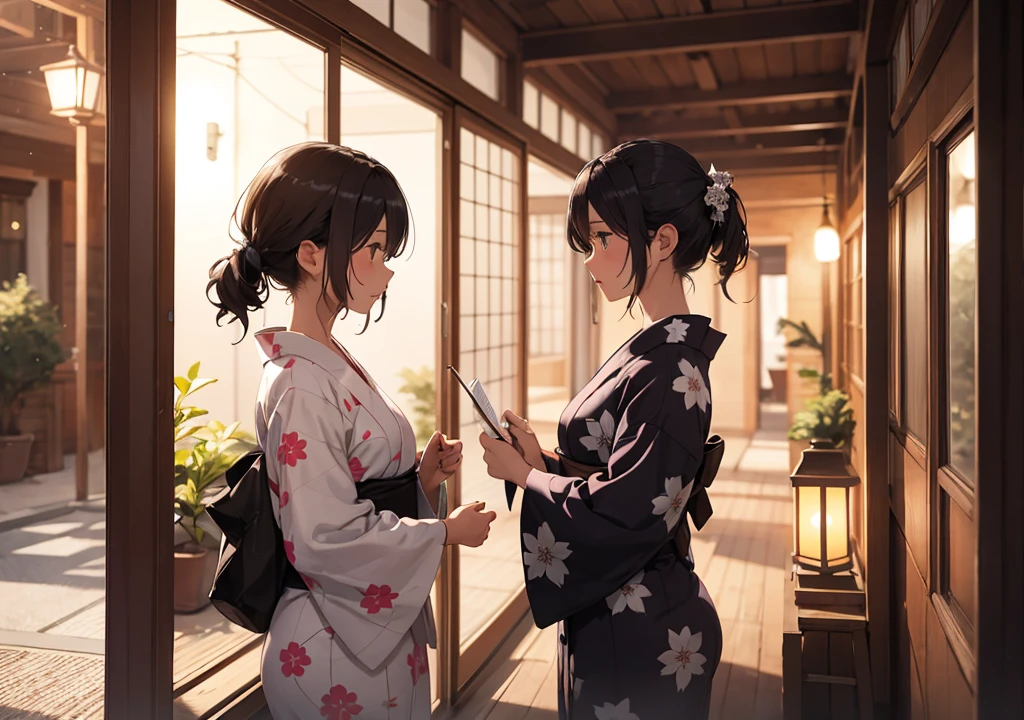 woman、One person、night、indoor、study、yukata