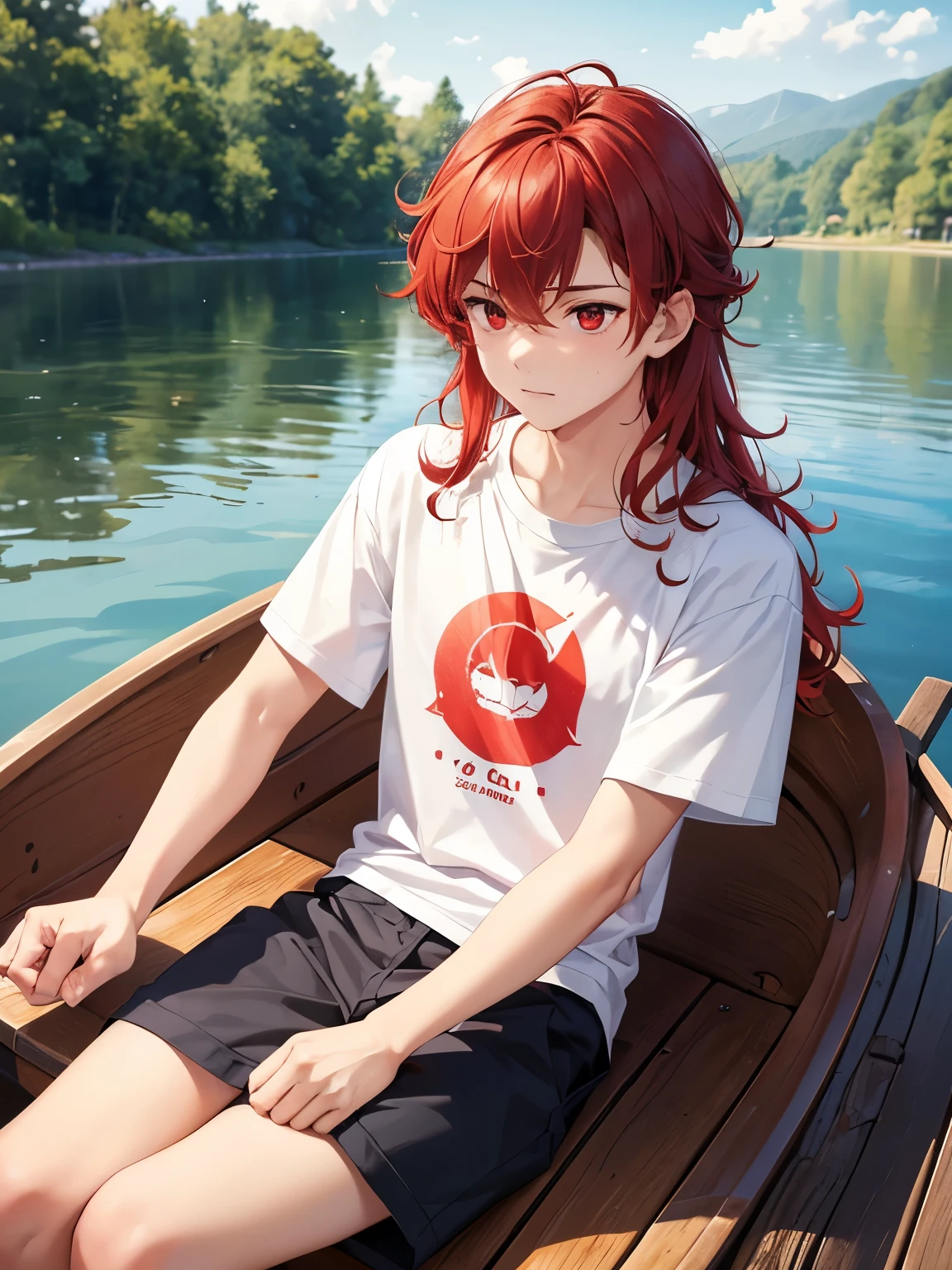 1boy,18 years old,Sitting in a wooden boat, on a lake,cool,Annoyed expression, looking away,,middle parted hairstyle,talking,Curly hair, red hair, red eyes, long hair, vampire, handsome,,close up photo,White t-shirt,Short sleeve t-shirt,,black trousers