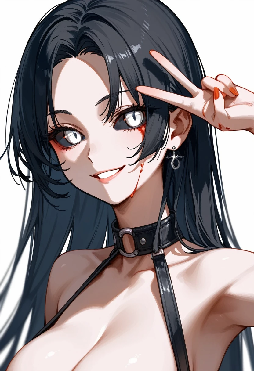 masterpiece, zoom out, score_9, score_8_up, score_7_up, portrait, 1 girl, alone, black hair, long hair, long parted bangs, white eyes, black sclera, (blood tears, small smile), evil, parted lips, expressionless, big breasts, upper body, V-neck strap basic dress, black bottom, best quality, long split bangs.