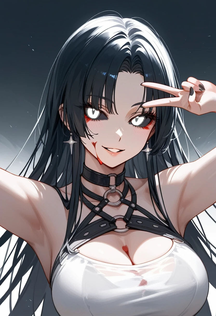 masterpiece, zoom out, score_9, score_8_up, score_7_up, portrait, 1 girl, alone, black hair, long hair, long parted bangs, white eyes, black sclera, (blood tears, small smile), evil, parted lips, expressionless, , upper body, V-neck strap basic dress, black bottom, best quality, long split bangs.